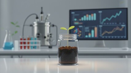 A young plant grows in a jar on a lab bench beside test tubes and a computer displaying charts