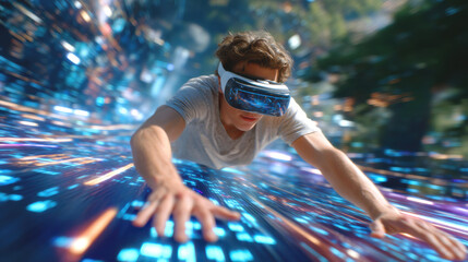Young man wearing virtual reality headset diving through neon data stream, excited immersion