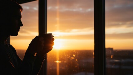 Man holding coffee cup at sunrise through window city skyline in distance