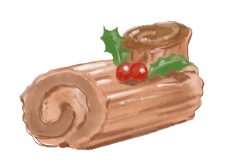美味しそうなクリスマスのケーキ、ブッシュドノエルの手描き水彩イラスト