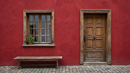 Red textured wall with wooden window door and bench with potted plant wooden door