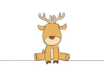 Fototapeta premium Continuous line drawing nature concept of baby deer with soft brown fur and tiny antler sitting quietly. Ideal for forest, wildlife, or children book animal theme emphasizing tranquility and innocence