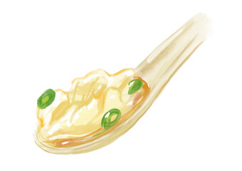 プリプリで美味しそうなレンゲに乗った水餃子の手描き水彩イラスト