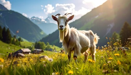 A goat stands in a field of wildflowers with mountains and a cabin in the background, bathed in sunlight