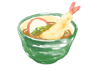 美味しそうな海老天の蒲鉾の乗った温かい年越し蕎麦の手描き水彩イラスト