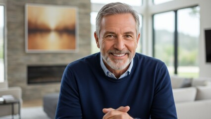 Smiling older man with gray hair and beard wearing a blue sweater indoors