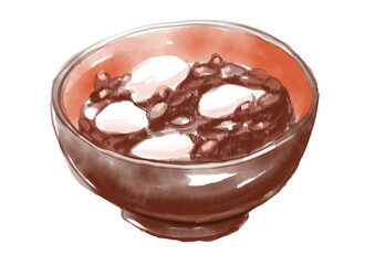 美味しそうな粒あんたっぷりの白玉ぜんざいの手描き水彩イラスト
