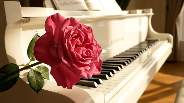 Close Up of Rose Resting on Keys of White Grand Piano