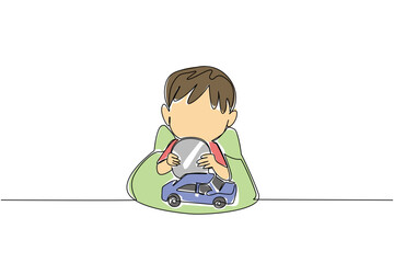 Single line drawing of young boy sitting with toy car, holding big round button battery near his face. show risk of children accessing small, dangerous object. National Button Battery Awareness Day
