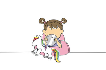 Continuous line drawing of a young girl sitting with a unicorn toy, holding a big button battery near her face, highlighting the danger of ingestion. National Button Battery Awareness Day event