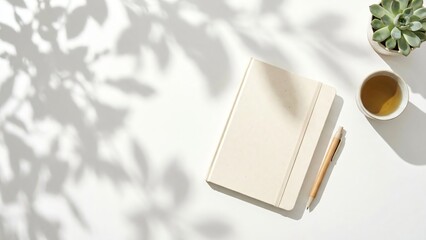 A plain notebook rests on a white surface with a pen a small succulent and a cup of tea