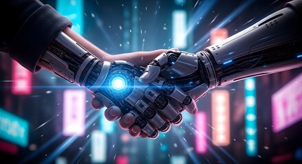 Human and robot handshake with glowing blue light and futuristic city background human hand