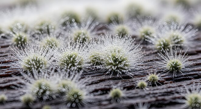 Detailed macro photo of fuzzy mold fungus colonies with sparkling dew drops on dark surface