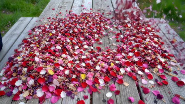 Rose Petals Poured Out on Wooden Picnic Table Surface Outdoors