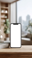 Smartphone mockup on wooden table by window, blank screen