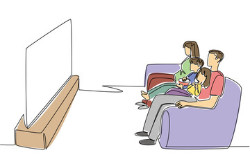 Continuous line drawing of family, mom, dad, son and daughter, sitting on a couch, sharing a bowl of popcorn and enjoying movie. Joyful family time and shared entertainment. National Movie Night event