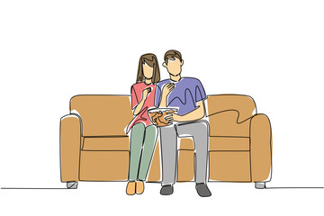 Continuous line drawing of couple sitting on couch, sharing bowl of popcorn on National Movie Night and engrossed in movie, symbolizing cozy entertainment and shared leisure. Enjoying a cozy date