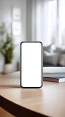 Smartphone mockup on desk by window, blank screen template