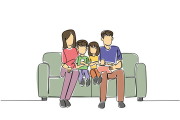 Single line drawing of a family, mom, dad and two children, sitting on a couch, watching television, symbolizing shared family entertainment and home comfort. National Movie Night event