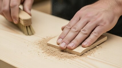 Careful woodworker smoothing wooden surface with brush and detail piece