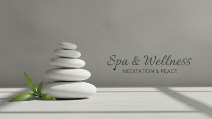 Stacked smooth white stones with green bamboo leaf beside them rocks zen