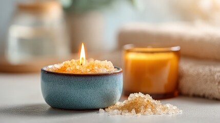 Bath salt bowl with candle, spa treatment and relaxation concept
