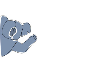 Continuous line drawing of a cute baby koala waving hand to say hi for nature concept. This minimalist animal design represents Australian wildlife and a happy friendly greeting. © Simple Line