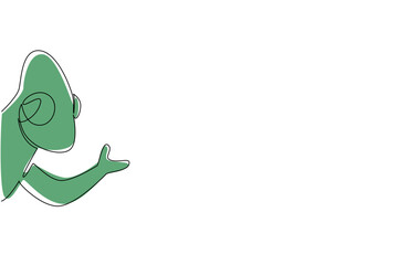 Fototapeta premium Single line drawing of a cute baby chameleon waving hand to say hi for nature concept. This minimalist animal design represents reptile and a happy friendly greeting theme sign.