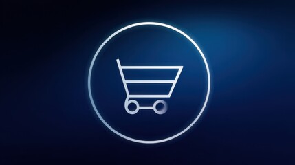 Shopping cart icon inside circle, e-commerce app symbol on dark