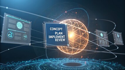 Abstract illustration of digital globe surrounded by concepts for planning, implementation, and review of projects
