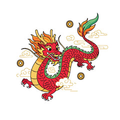 Chinese Dragon Illustration with Auspicious Clouds and Coins
