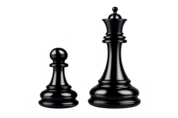 Black chess queen and pawn standing on transparent background representing power, strategy, and game rules
