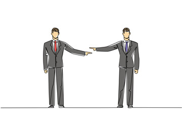 Continuous line drawing of a confused person being blamed by multiple pointing fingers for social concept. This overwhelmed accusation theme is related to National Blame Someone Else Day event.