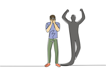 Continuous line drawing of man in cover his face in despair with triumphant shadow behind, symbolizing adversity for mental health concept. Resilience related to National Posttraumatic Growth Day