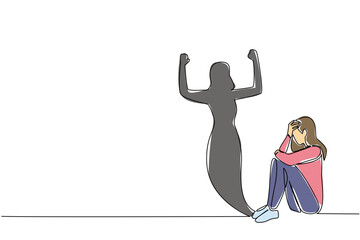 Continuous line drawing of woman sitting in distress with triumphant raised arms shadow behind. Emerging stronger for a mental health concept. Resilience related to National Posttraumatic Growth Day