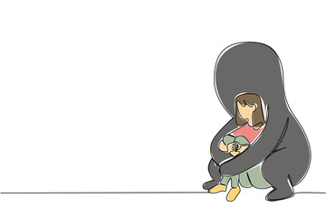 One line drawing of depressed woman huddled with protective big shadow figure behind, symbolize solace through support for a mental health concept. Healing related to National Posttraumatic Growth Day