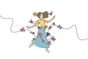 Single line drawing of woman dancing gracefully with colorful butterflies, symbolizing lightness and transformation. Therapeutic movement theme is for National Dance Movement Therapy Advocacy Day