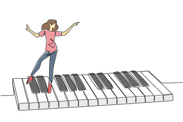 One line drawing of woman with red shoes dancing on a piano keyboard with musical notes, representing rhythmic movement and expression. Artistic therapy theme for National Dance Movement Advocacy Day