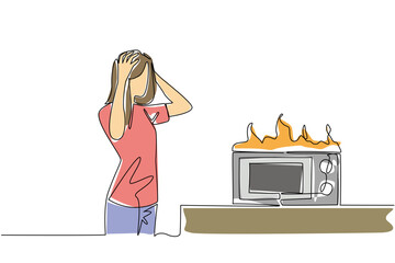 One line drawing of woman clutching her head in distress over a flaming microwave for a kitchen disaster concept. Home appliance meltdown mishap theme is for National Kitchen Klutzes of America Day.