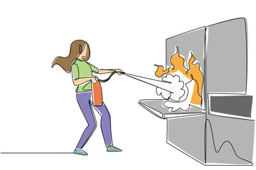 Single line drawing of woman using fire extinguisher on an inside oven fire and flame to extinguish, for a kitchen safety concept. Emergency response for National Kitchen Klutzes of America Day event.