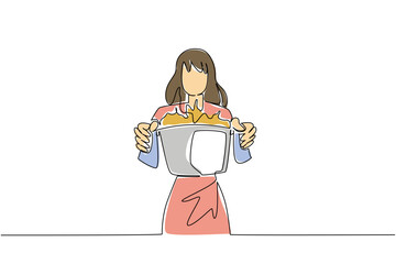 One line drawing of woman holding an overflowing pot problem aggressively of food, for a kitchen disaster concept. This cooking mishap theme is for National Kitchen Klutzes of America Day event.