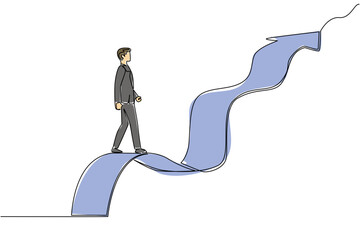 One line drawing of businessman walking on wavy upward arrow. Symbolize a challenging career path for a business concept. Resilience and progress theme is for National Productive Business Civility Day