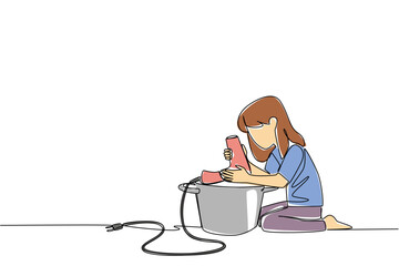 Continuous line drawing of a little girl using hair dryer in a pot to mix food, for a misguided kitchen experiment concept. Cooking klutz theme is for National Kitchen Klutzes of America Day event.