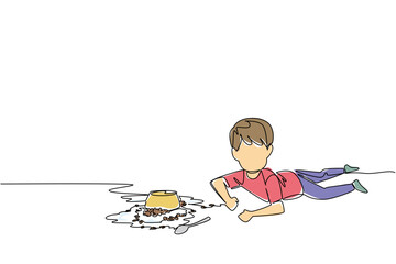 Continuous line drawing of boy lying on floor next to spilled cereal and milk creating a mess for kitchen disaster concept. Breakfast mishap theme is for National Kitchen Klutzes of America Day event.