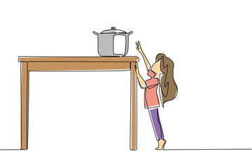One line drawing of little girl on tiptoes reaching for high pot at wooden table, for a kitchen challenge concept. Height struggle theme is for National Kitchen Klutzes of America Day event.