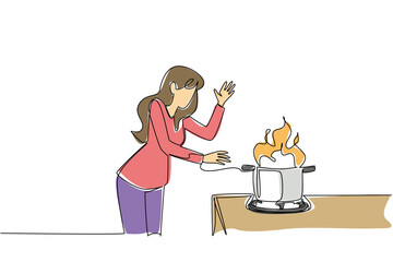 One line drawing of woman recoiling from flaming pot on the stovetop that has burst into flames or kitchen safety concept. Cooking emergency theme is for National Kitchen Klutzes of America Day event.