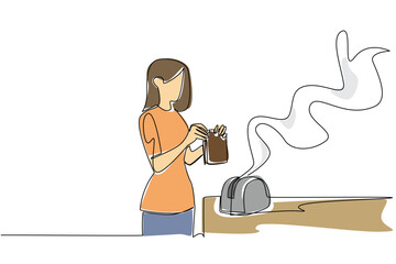 Continuous line drawing of woman remove burning bread from smoking toaster catastrophe for a kitchen disaster concept. Cooking tragedy mishap theme is for National Kitchen Klutzes of America Day event