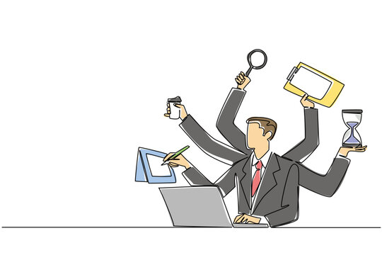 Continuous line drawing of multitasking businessman with many arms holding various office tools for business concept. Efficiency and productivity theme is for National Productive Business Civility Day
