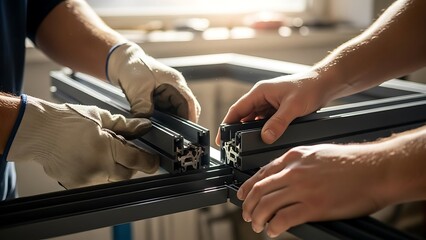Craftsmen meticulously assemble window frames for sturdy architecture
