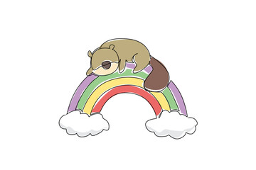 Obraz premium Continuous line drawing of sleepy beaver with a big tail lounges on a rainbow bridge resting on fluffy clouds. Woodland critter animal concept for camping or nature themed kids designs or nursery room